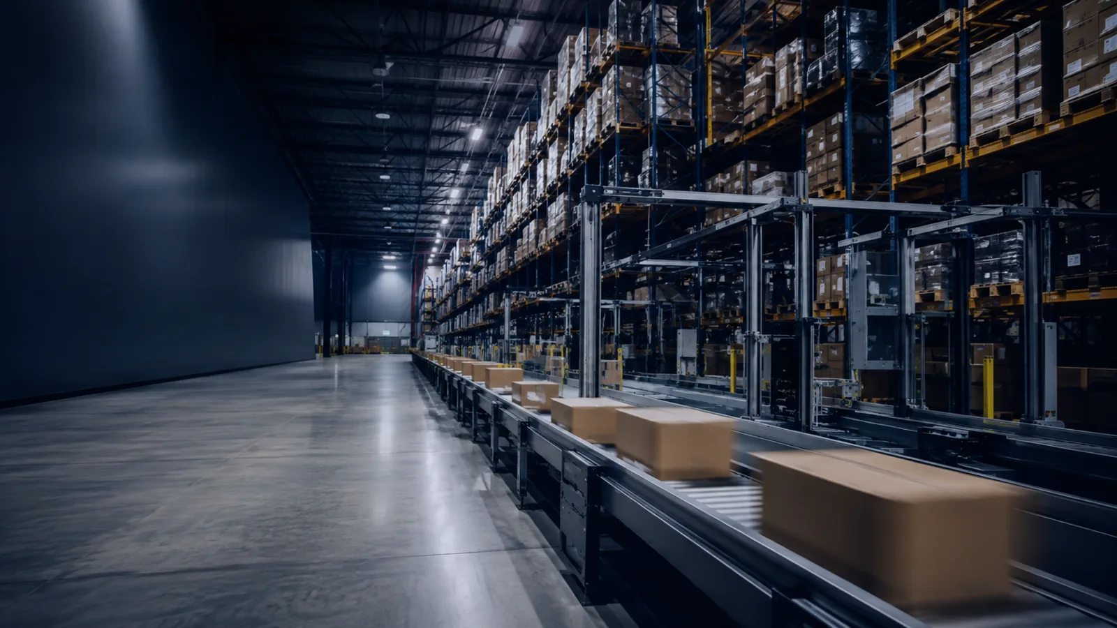 Long aisle of racking inside a modern distribution center