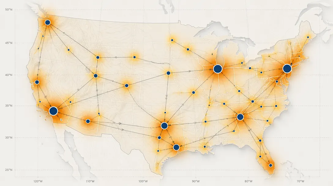 Heat map visualization of a distribution network showing demand density, facility nodes, and connecting lanes across the United States